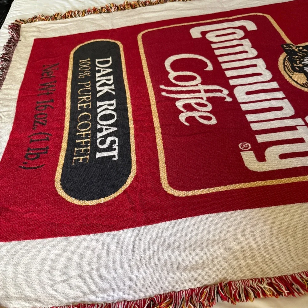 Community Coffee Dark Roast Woven Tapestry Throw Blanket Red Fringed Edge Retro